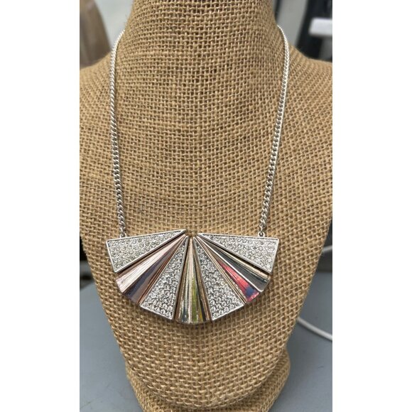 Vintage Avon Mark Silver Tone Rose Gold Bib Necklace Clear Rhinestones Adj 20.5" - Picture 1 of 4